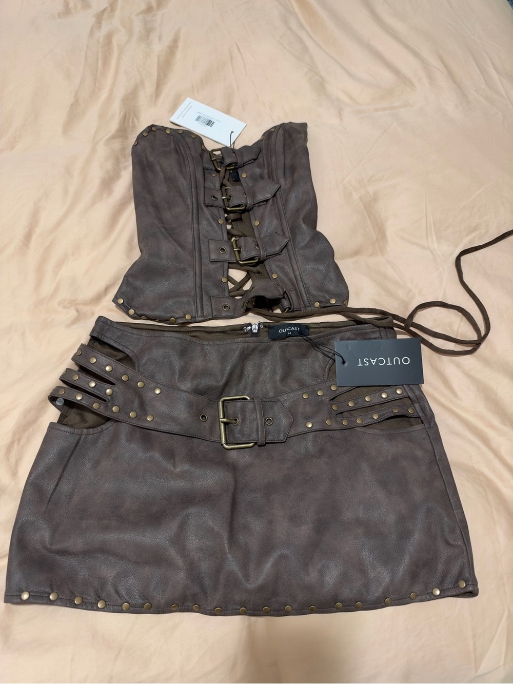 Outcast Brown Studded Mini Skirt with Decorative Belt